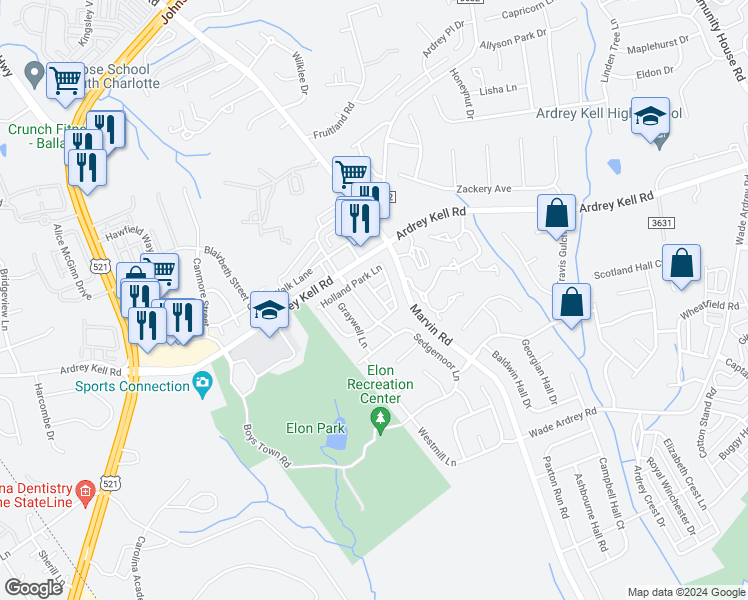 map of restaurants, bars, coffee shops, grocery stores, and more near 9223 Cranfield Lane in Charlotte