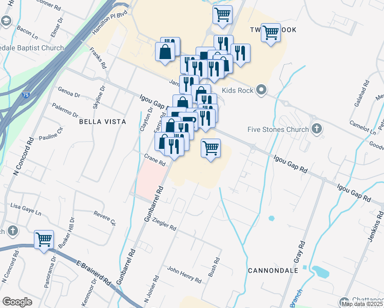 map of restaurants, bars, coffee shops, grocery stores, and more near 1800 Gunbarrel Road in Chattanooga