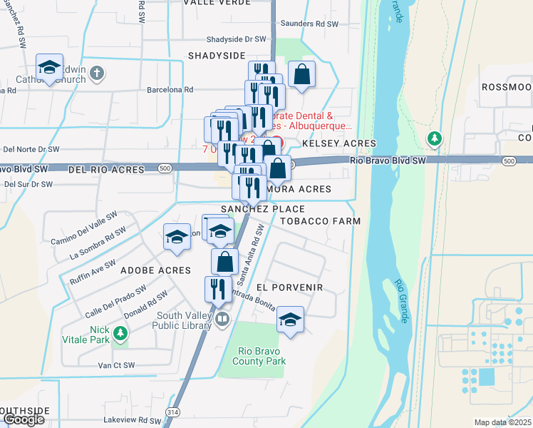 map of restaurants, bars, coffee shops, grocery stores, and more near 3508 Isleta Boulevard Southwest in Albuquerque