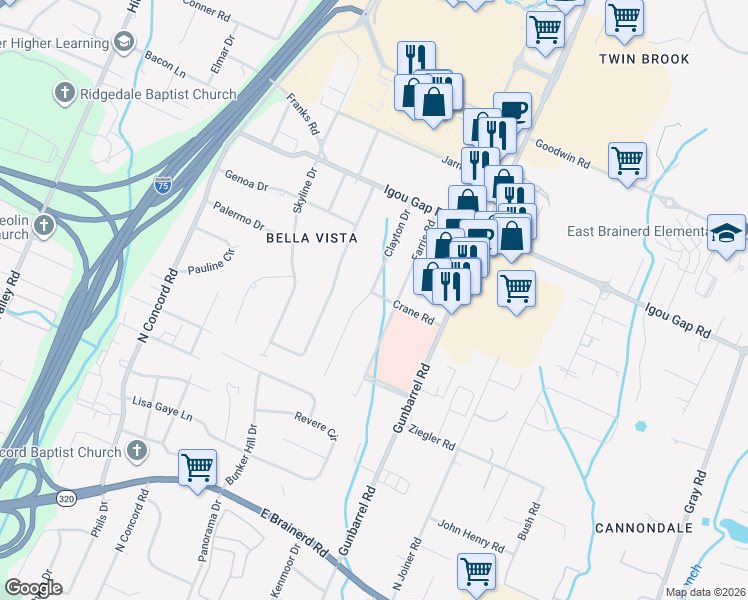map of restaurants, bars, coffee shops, grocery stores, and more near 1811 Clayton Drive in Chattanooga