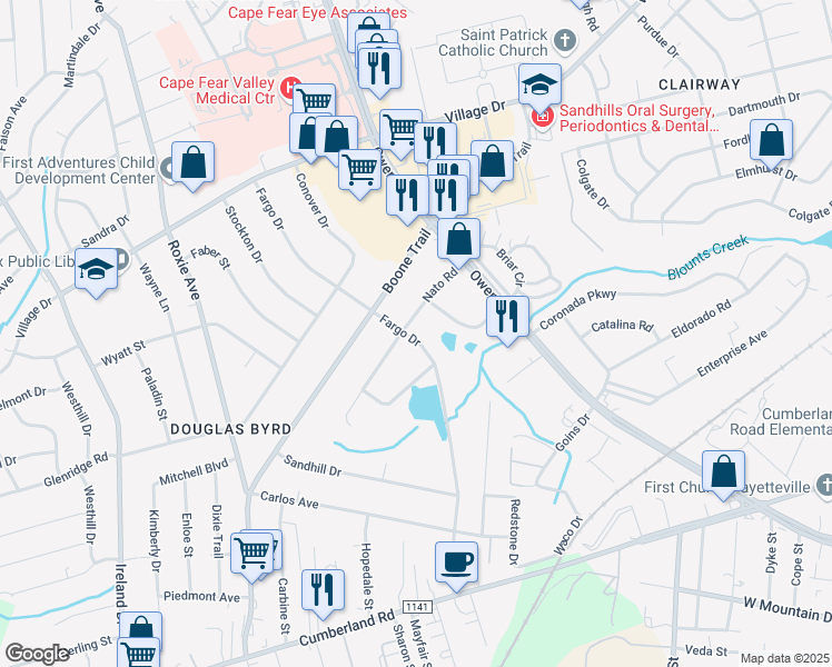 map of restaurants, bars, coffee shops, grocery stores, and more near 3217 Nato Road in Fayetteville