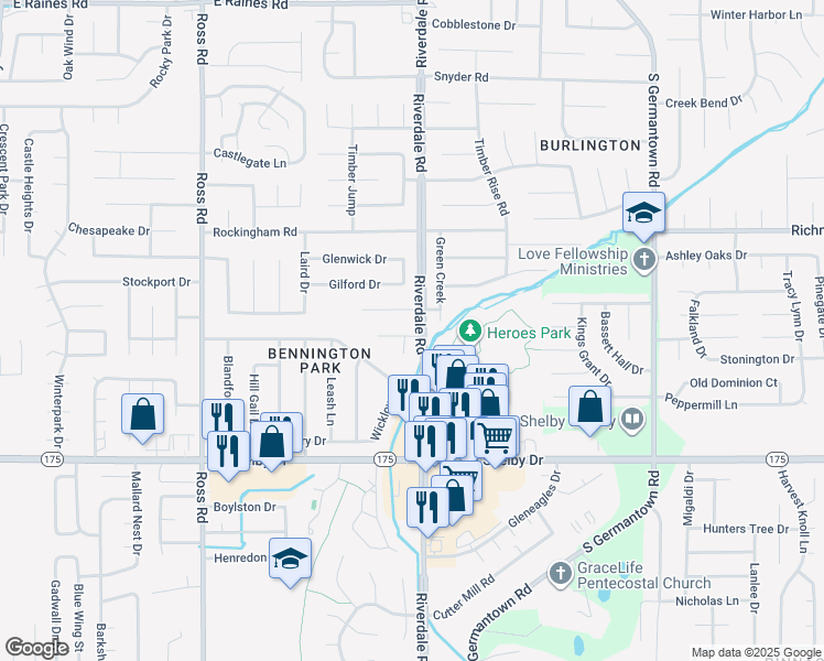 map of restaurants, bars, coffee shops, grocery stores, and more near 6946 Bordeaux Lane in Memphis