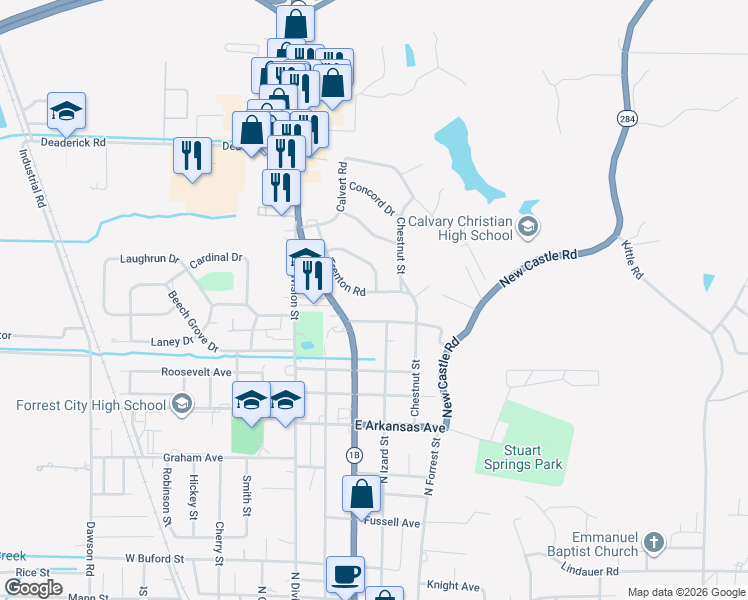 map of restaurants, bars, coffee shops, grocery stores, and more near 327 Lexington Drive in Forrest City