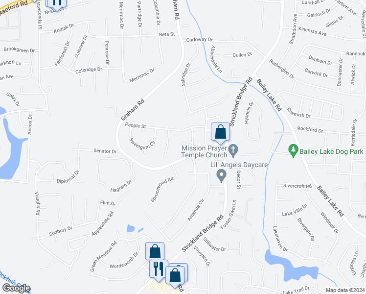 map of restaurants, bars, coffee shops, grocery stores, and more near 6513 Wicklow Place in Fayetteville
