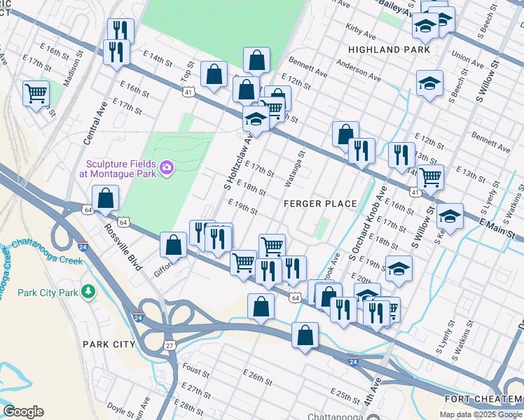map of restaurants, bars, coffee shops, grocery stores, and more near 1812 South Highland Park Avenue in Chattanooga