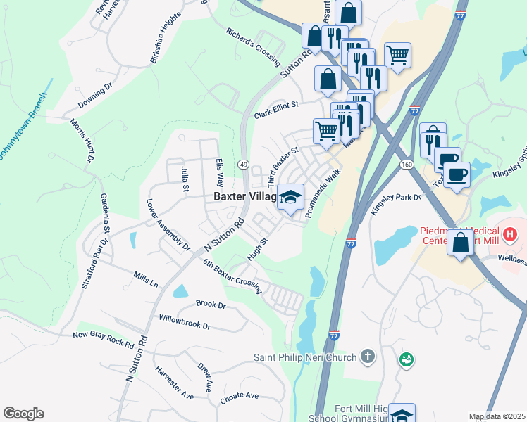 map of restaurants, bars, coffee shops, grocery stores, and more near 126 Blandina Court in Fort Mill