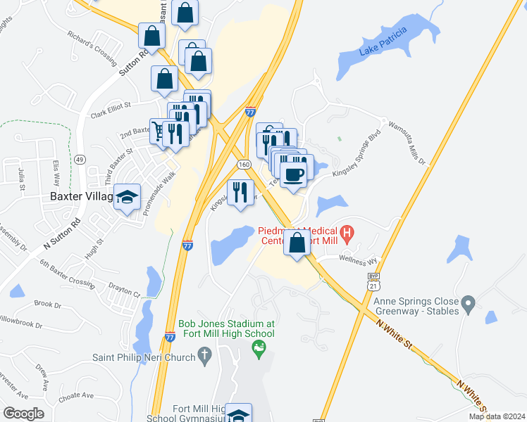 map of restaurants, bars, coffee shops, grocery stores, and more near 259 Textile Way in Fort Mill