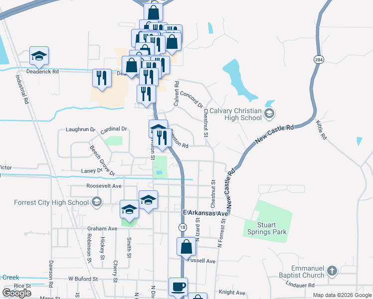 map of restaurants, bars, coffee shops, grocery stores, and more near 405 Trenton Road in Forrest City