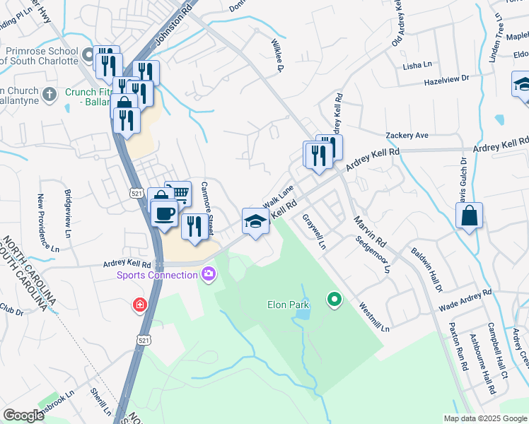 map of restaurants, bars, coffee shops, grocery stores, and more near 10013 Juniper Trace Drive in Charlotte