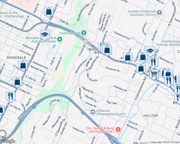 map of restaurants, bars, coffee shops, grocery stores, and more near 3203 Alta Vista Drive in Chattanooga