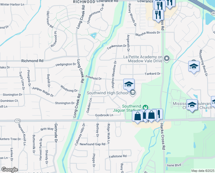 map of restaurants, bars, coffee shops, grocery stores, and more near 4523 Hughes Meadow Drive in Memphis