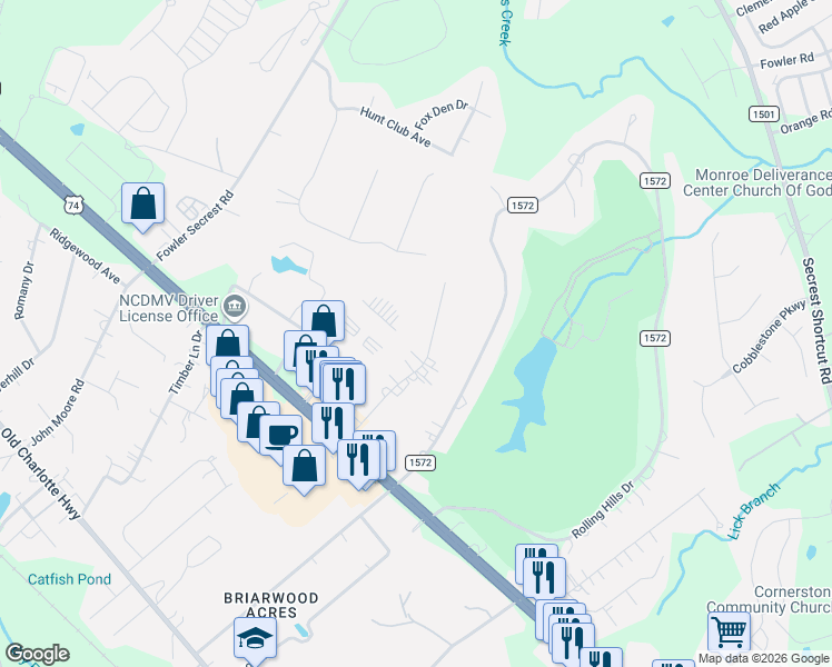 map of restaurants, bars, coffee shops, grocery stores, and more near 1919 Windmere Drive in Monroe