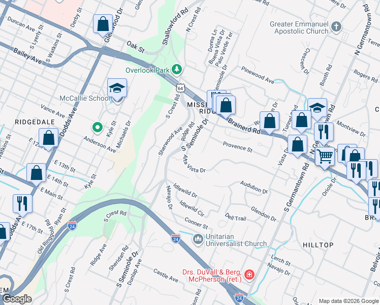 map of restaurants, bars, coffee shops, grocery stores, and more near 200 Ridge Road in Chattanooga