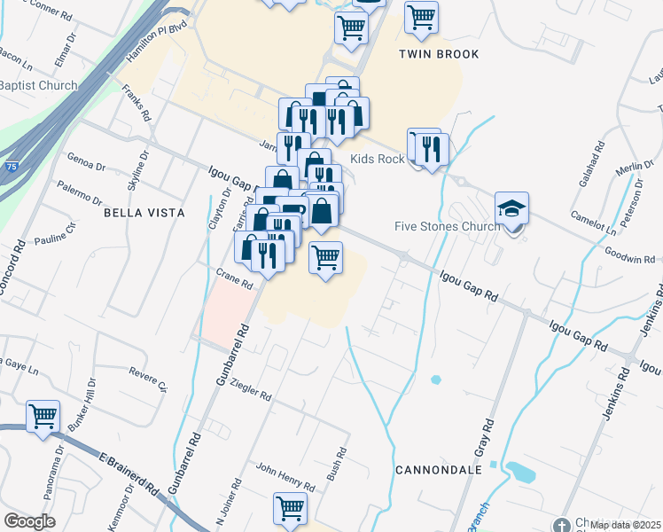 map of restaurants, bars, coffee shops, grocery stores, and more near 1800 Gunbarrel Road in Chattanooga