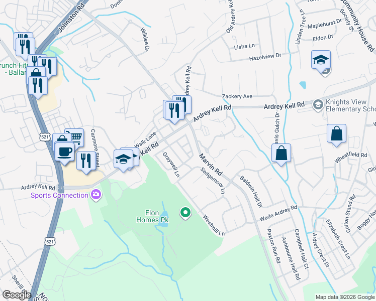 map of restaurants, bars, coffee shops, grocery stores, and more near 16816 Kettlewell Lane in Charlotte