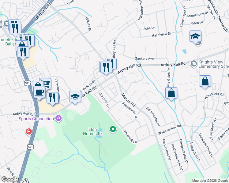 map of restaurants, bars, coffee shops, grocery stores, and more near 16816 Kettlewell Lane in Charlotte