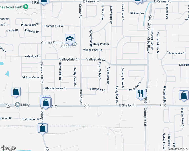 map of restaurants, bars, coffee shops, grocery stores, and more near 6175 Trout Valley Cove in Memphis