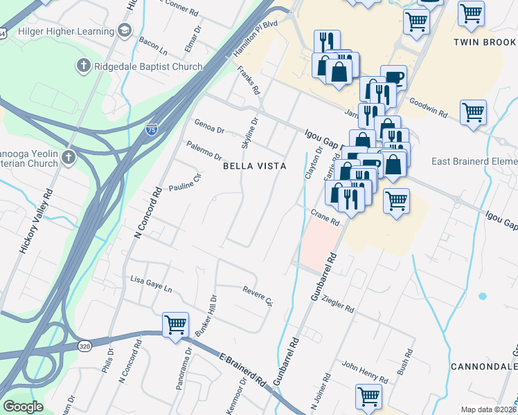map of restaurants, bars, coffee shops, grocery stores, and more near 1727 Verona Drive in Chattanooga