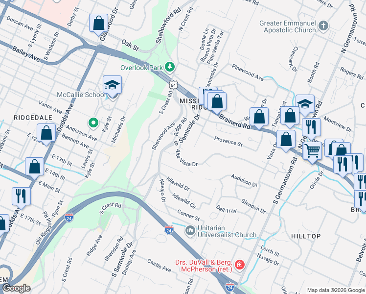 map of restaurants, bars, coffee shops, grocery stores, and more near 200 Ridge Road in Chattanooga