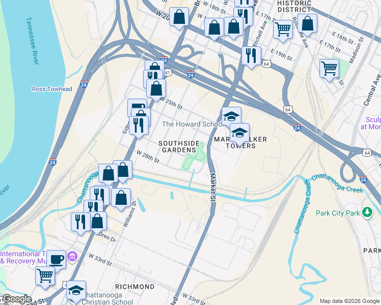 map of restaurants, bars, coffee shops, grocery stores, and more near in Chattanooga