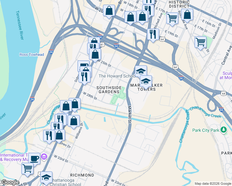map of restaurants, bars, coffee shops, grocery stores, and more near in Chattanooga