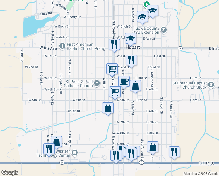 map of restaurants, bars, coffee shops, grocery stores, and more near 301-399 South Broadway Avenue in Hobart