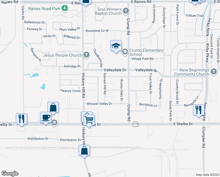 map of restaurants, bars, coffee shops, grocery stores, and more near 6043 Harvest Moon Cove in Memphis
