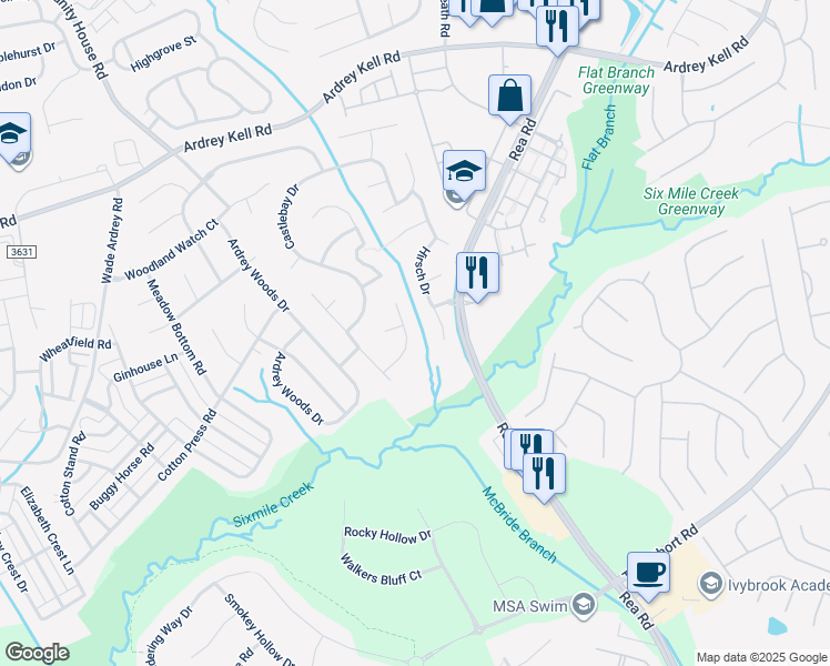 map of restaurants, bars, coffee shops, grocery stores, and more near 8438 Newton Lane in Charlotte