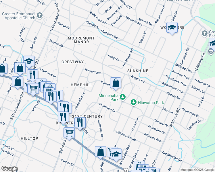 map of restaurants, bars, coffee shops, grocery stores, and more near 4102 Sunset Avenue in Chattanooga