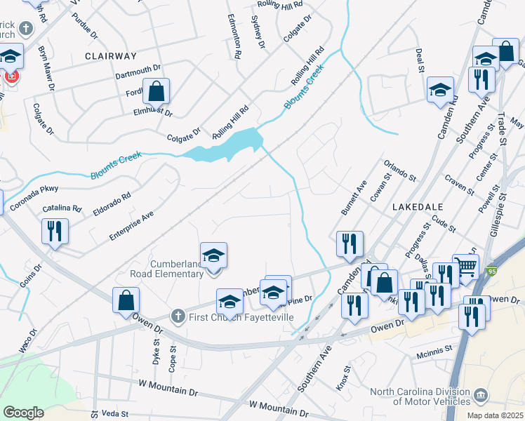 map of restaurants, bars, coffee shops, grocery stores, and more near 722 Eugene Street in Fayetteville