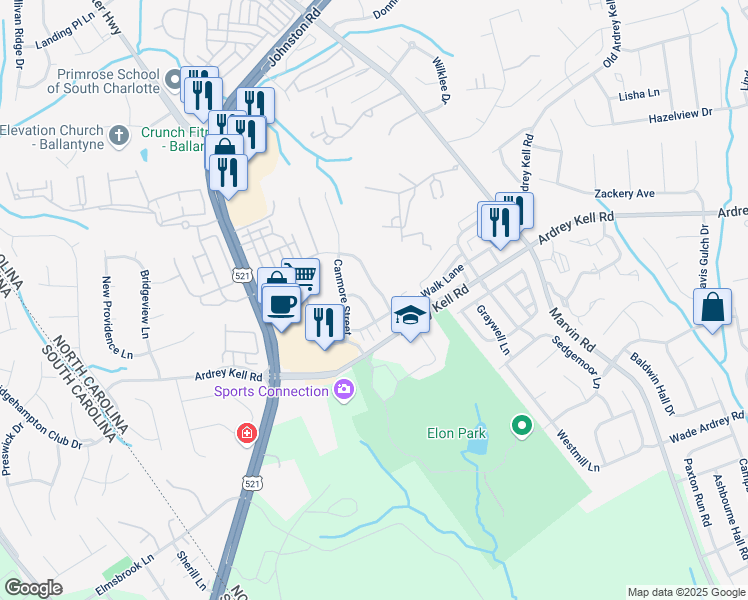 map of restaurants, bars, coffee shops, grocery stores, and more near Blairbeth Street in Charlotte