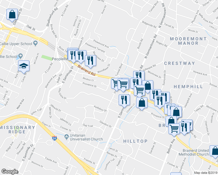 map of restaurants, bars, coffee shops, grocery stores, and more near 20 Bellflower Circle in Chattanooga