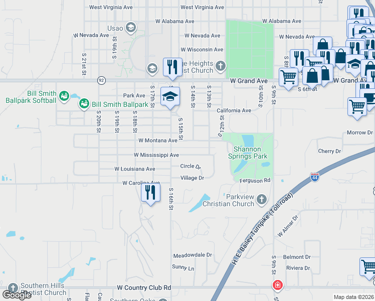 map of restaurants, bars, coffee shops, grocery stores, and more near 1407 West Montana Avenue in Chickasha