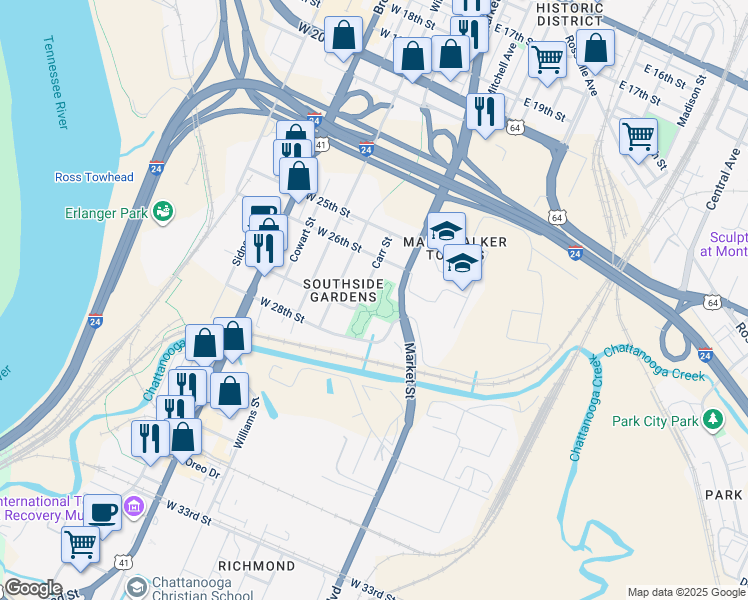 map of restaurants, bars, coffee shops, grocery stores, and more near 41 West 28th Street in Chattanooga