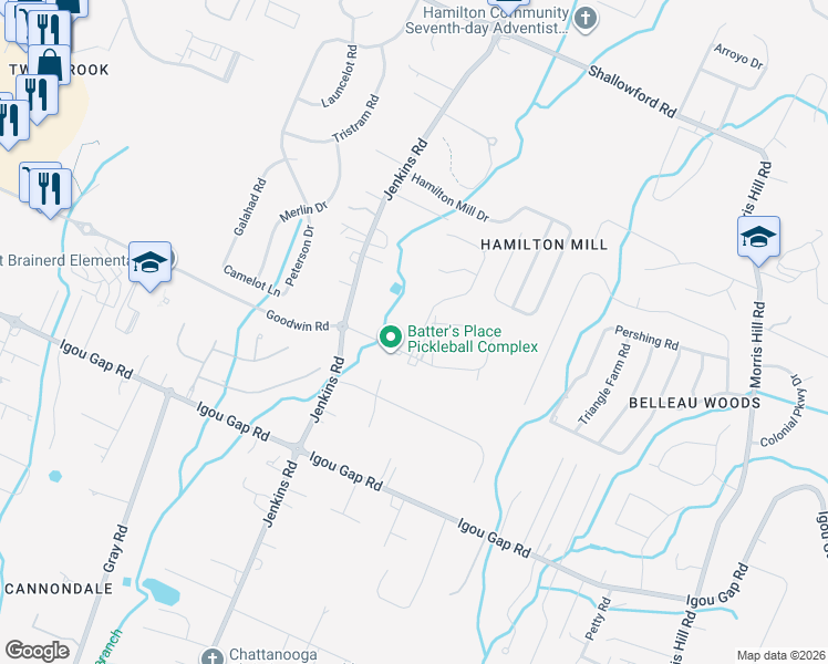 map of restaurants, bars, coffee shops, grocery stores, and more near 8005 Batters Place Road in Chattanooga