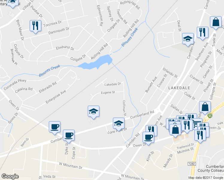 map of restaurants, bars, coffee shops, grocery stores, and more near 722 Eugene Street in Fayetteville