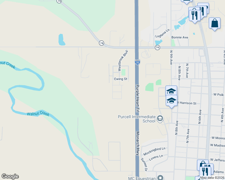 map of restaurants, bars, coffee shops, grocery stores, and more near 1089 North Blue Ridge Drive in Purcell