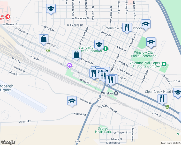 map of restaurants, bars, coffee shops, grocery stores, and more near 313 West 3rd Street in Winslow