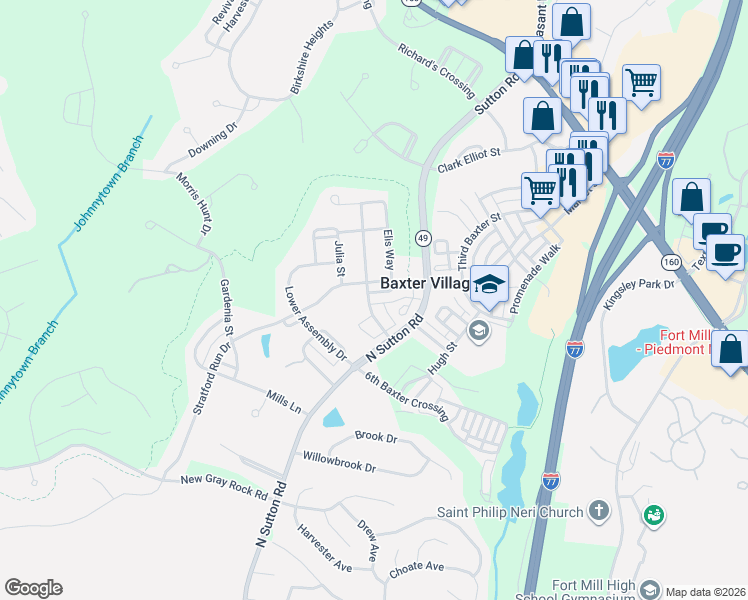 map of restaurants, bars, coffee shops, grocery stores, and more near 300 Elis Way in Fort Mill
