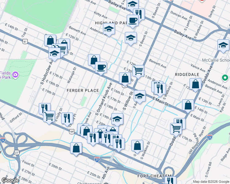 map of restaurants, bars, coffee shops, grocery stores, and more near 2003 East 16th Street in Chattanooga