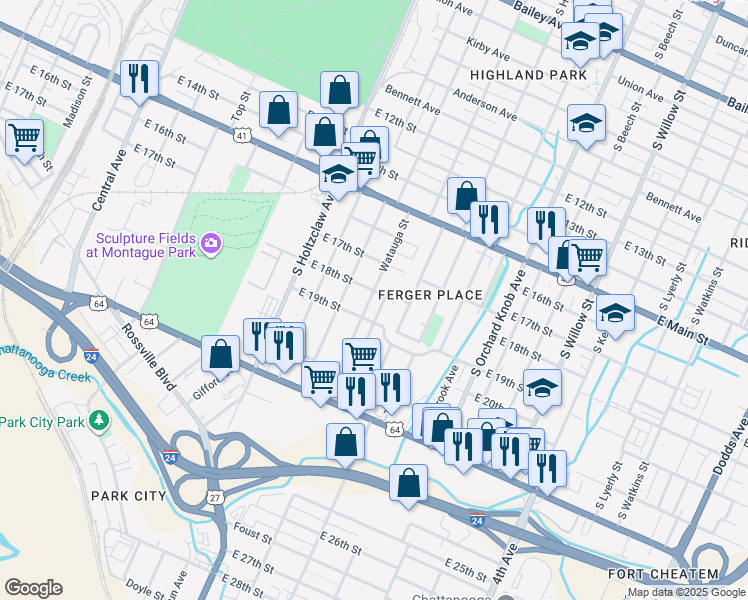 map of restaurants, bars, coffee shops, grocery stores, and more near 1508 East 18th Street in Chattanooga