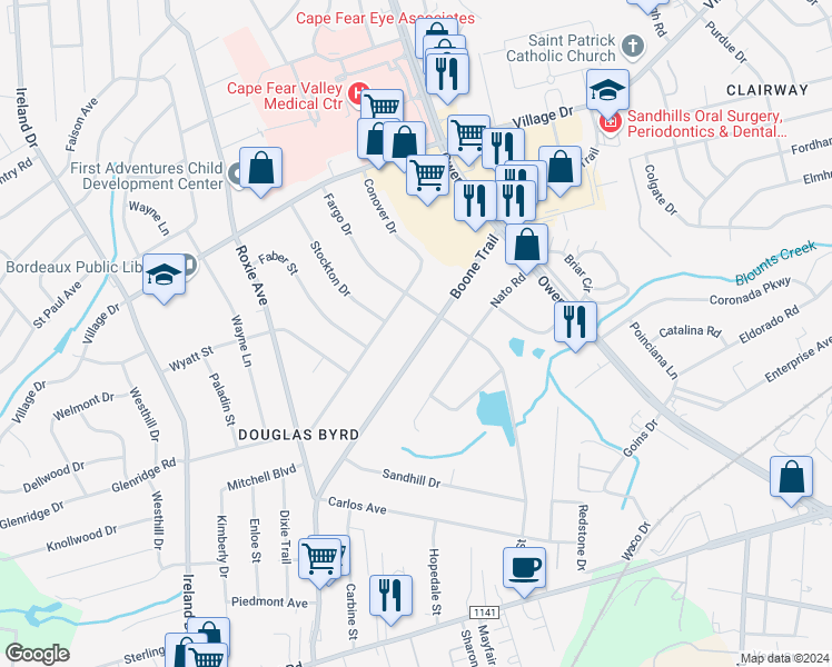 map of restaurants, bars, coffee shops, grocery stores, and more near 3310 Boone Trail in Fayetteville