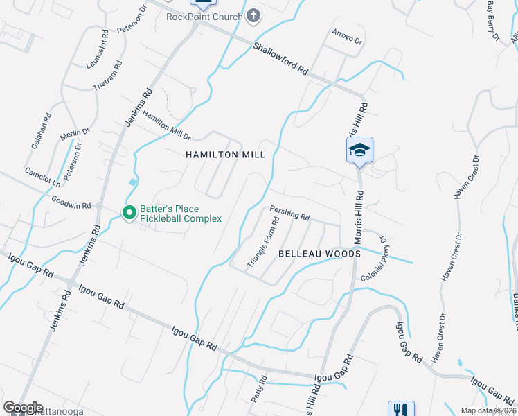 map of restaurants, bars, coffee shops, grocery stores, and more near 8583 Pershing Road in Chattanooga