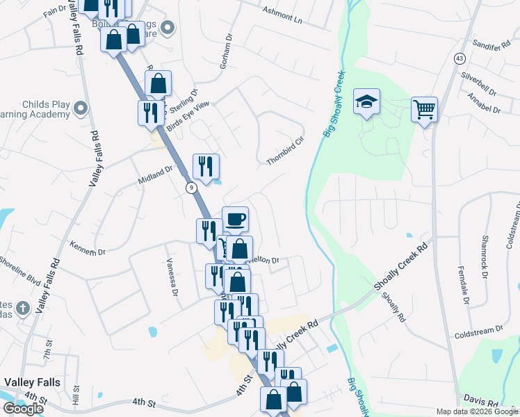 map of restaurants, bars, coffee shops, grocery stores, and more near 115 Oriole Court in Boiling Springs