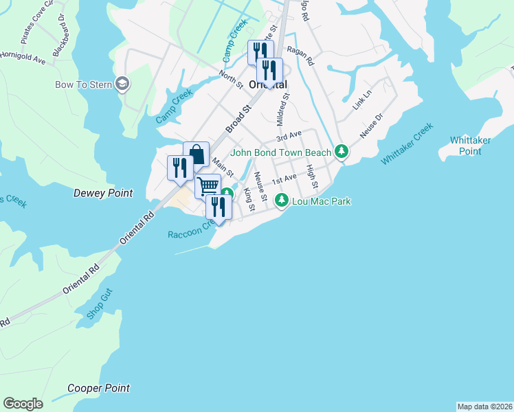 map of restaurants, bars, coffee shops, grocery stores, and more near 203 Neuse Street in Oriental