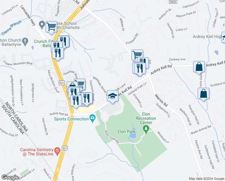map of restaurants, bars, coffee shops, grocery stores, and more near 11262 Cedar Walk Lane in Charlotte