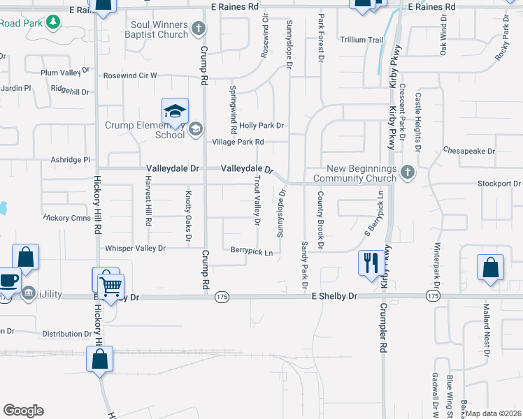 map of restaurants, bars, coffee shops, grocery stores, and more near 4528 Trout Valley Drive in Memphis