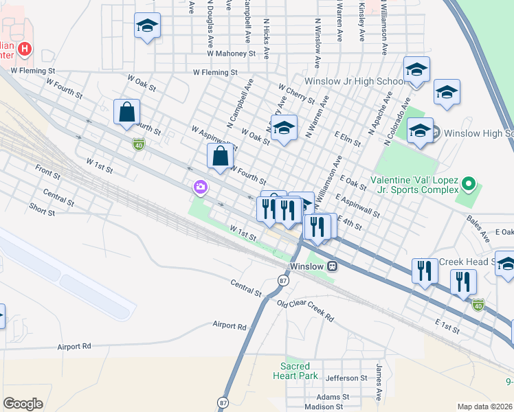 map of restaurants, bars, coffee shops, grocery stores, and more near 313 West 3rd Street in Winslow