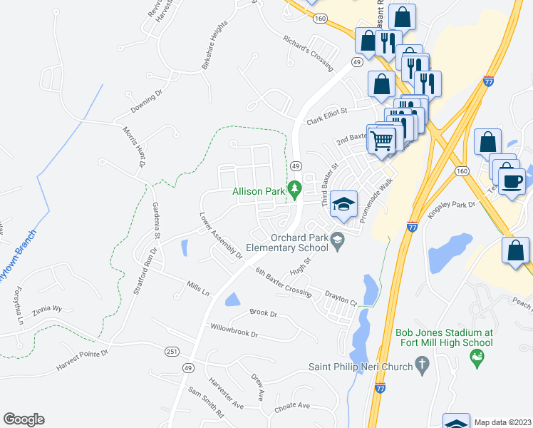 map of restaurants, bars, coffee shops, grocery stores, and more near 292 Elis Way in Fort Mill