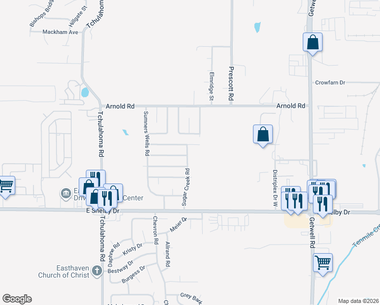 map of restaurants, bars, coffee shops, grocery stores, and more near 4517 Sugar Creek Road in Memphis